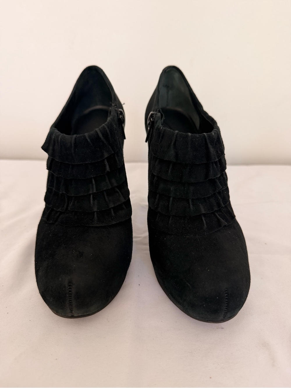 Women’s Black Suede Ruffle Ankle Booties